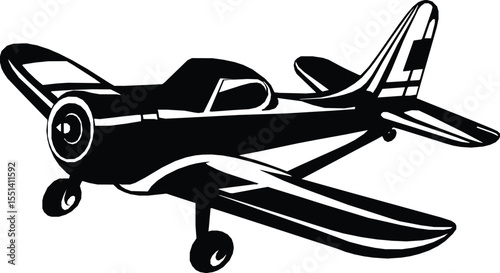 Editable vector silhouette of a vintage propeller airplane in flight