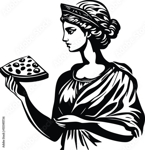 Silhouette of a Greek goddess holding a pizza slice, editable vector illustration