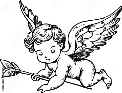 Cherubic winged cupid silhouette, flying, holding arrow, editable vector illustration