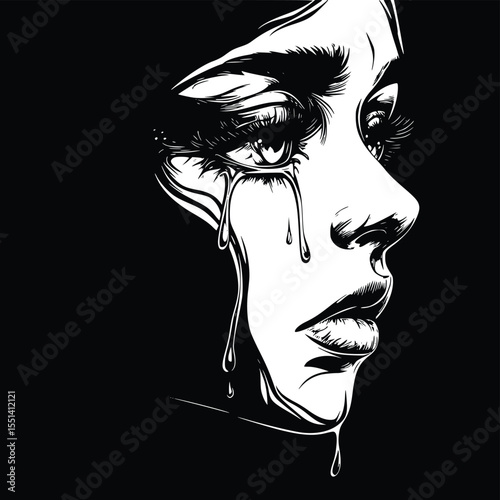 Woman's face silhouette, crying tears, editable vector art, black and white illustration, dramatic profile view, emotional expression, sadness, grief, despair,