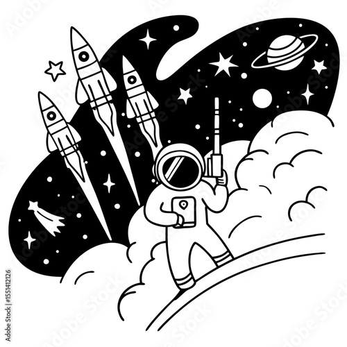 Black and White Cartoon Illustration of an Astronaut in Space with Rockets
