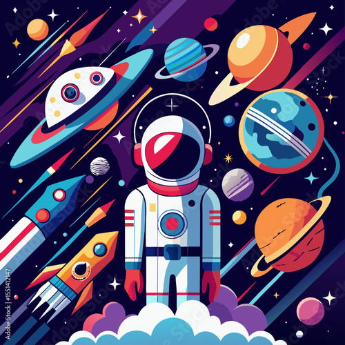 Colorful Space Illustration with Astronaut and Rockets vibrant