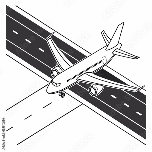 Airplane Landing on Runway Black and White Line Art Illustration