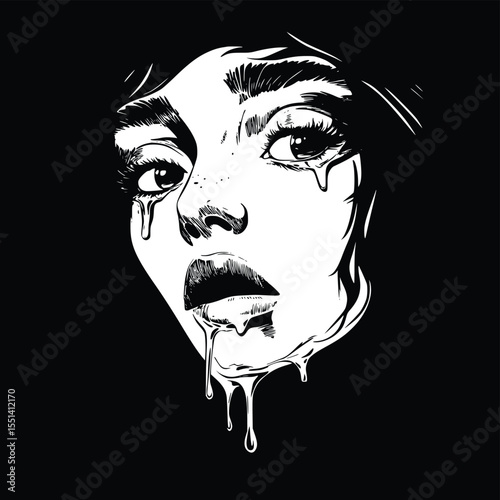 Woman's face silhouette, dripping liquid, black and white, editable vector illustration