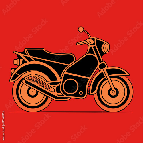 Stylized Illustration of a Motorcycle in Black and Orange on a Red Background