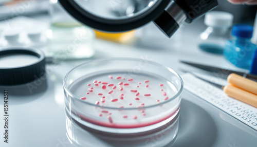 Close-up of Petri Dish with Bacteria Culture Under Magnifying Glass in Laboratory Setting