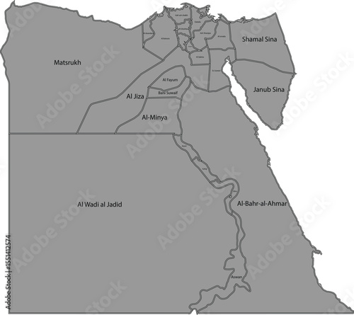 Detailed Map of Egypt with Labeled Governorates in Grey Colour 