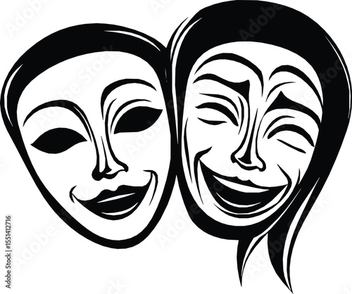 Smiling comedy and tragedy masks silhouette, editable vector illustration
