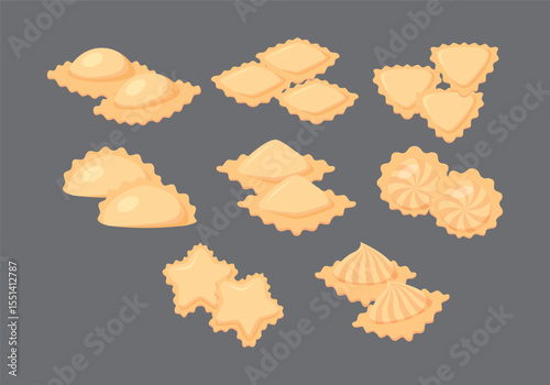 Collection of stylized ravioli icons showcasing various fillings and pasta shapes perfect for italian cuisine and food related design projects