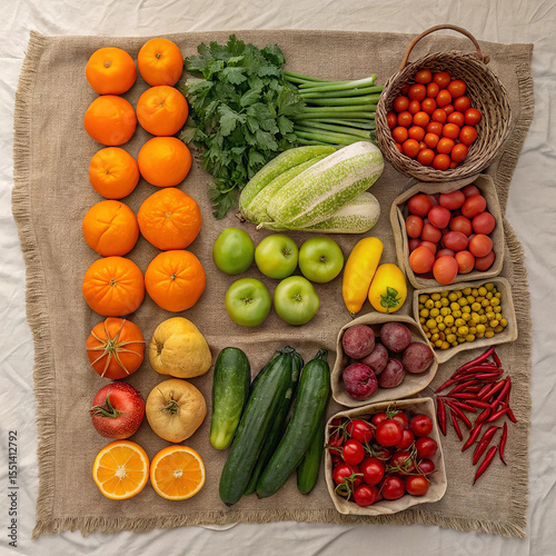 Flat-lay image of colorful fruits and vegetables sorted by type and color on a rustic cloth, ready for packing or donation. photo