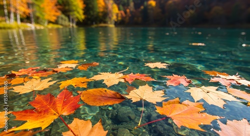 Autumnal Serenity: Maple Leaves Floating on a Crystal-Clear Lake