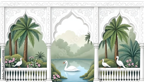 Watercolor Mughal garden scene with ornate arch, birds, mountain, and lake — exotic jungle landscape wallpaper vector illustration for decor and design