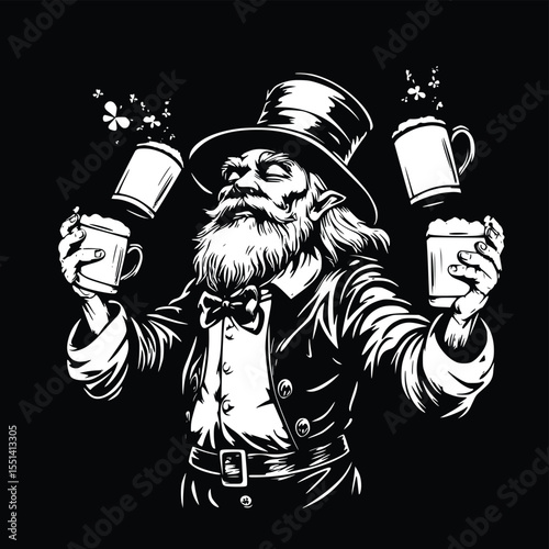Silhouette of a jovial leprechaun juggling beer steins, editable vector illustration