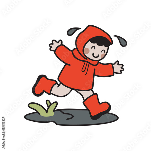 Joyful Little Kid Jumping In Puddle