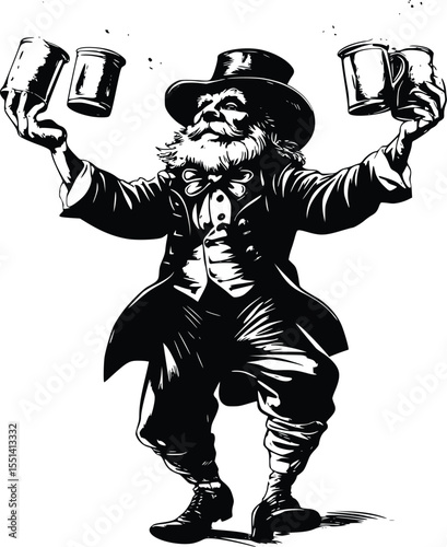 Silhouette of a jovial man in top hat juggling beer mugs