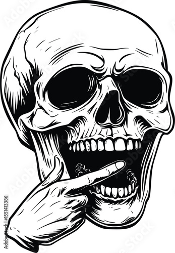 Editable vector illustration of a skull silhouette with a hand playfully pointing inside its open mouth