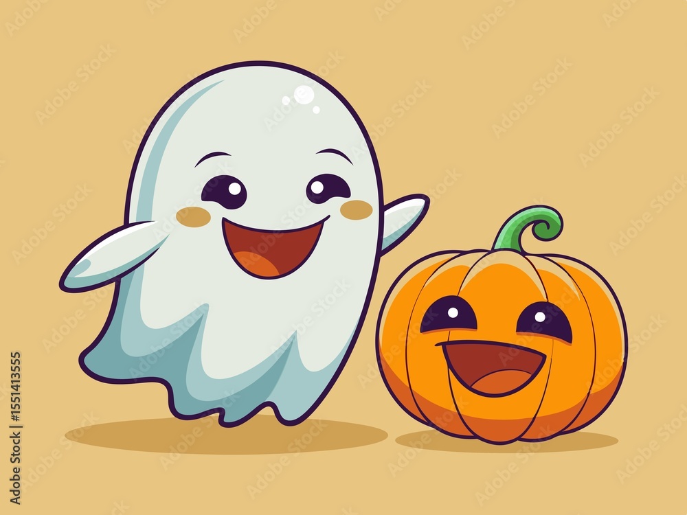Obraz premium Happy Halloween cartoon ghost and pumpkin friends; cute, friendly, autumnal illustration.