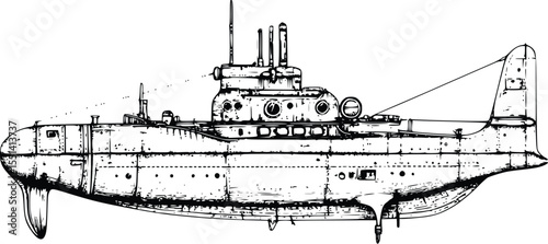 Hand-drawn silhouette of a vintage submarine, detailed illustration, editable vector, nautical vessel, military equipment, underwater craft, seafaring, ocean exploration, historical