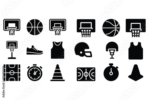 Collection of basketball and sports equipment icons isolated on white background
