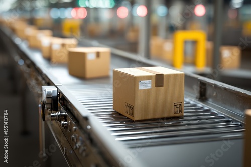 Box Assembly Line. Business Shipping Warehouse with Conveyer Belt and Selective Focus on Packages