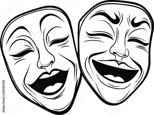Editable vector illustration of two laughing comedy masks, a joyful theatrical silhouette