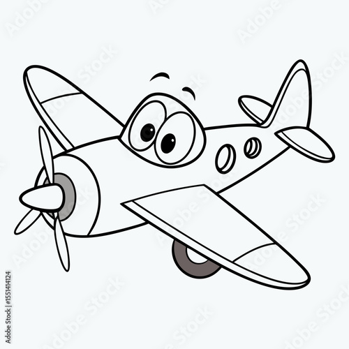 Cartoon Airplane with Big Eyes Ready to Color Isolated on White