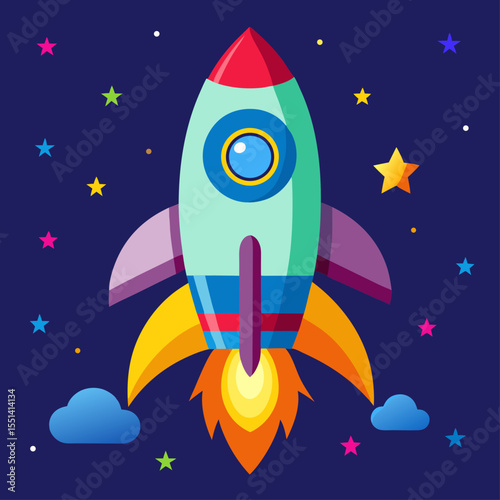 Colorful Rocket Ship Launching into Space vibrant cartoon