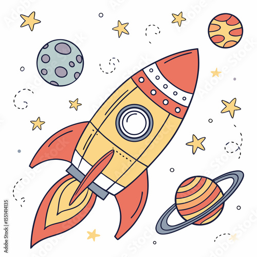 Cartoon Rocket Ship Flying Through Space with Planets and Stars Illustration