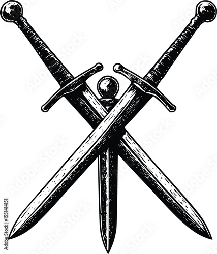 Three crossed medieval swords silhouette, editable vector illustration, vintage style, black and white graphic design element.