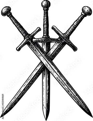 Three crossed medieval swords silhouette, editable vector illustration, vintage style