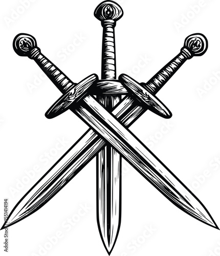 Three crossed swords silhouette, medieval weapon design, editable vector illustration
