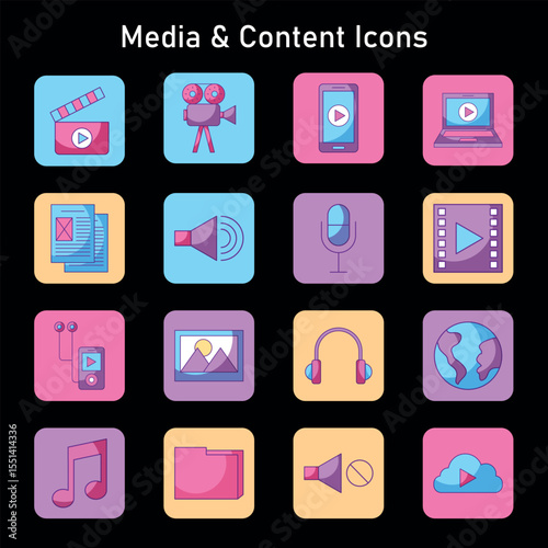 Video and audio media icons set for content creators and streaming