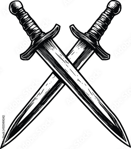 Crossed daggers silhouette, vintage style, editable vector illustration