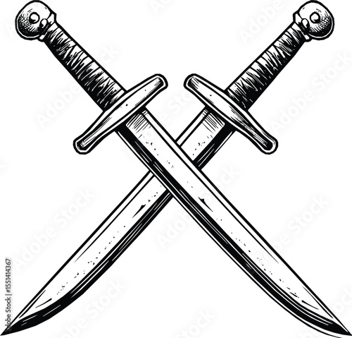 Crossed swords silhouette: editable vector illustration of medieval weapons