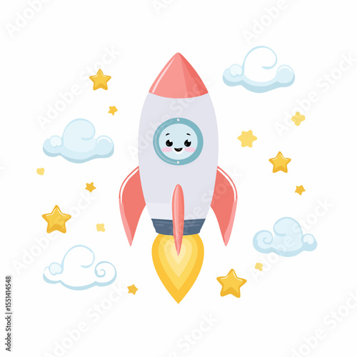 Funny vector cartoon illustration of a rocket flying in the blue sky with stars and the moon