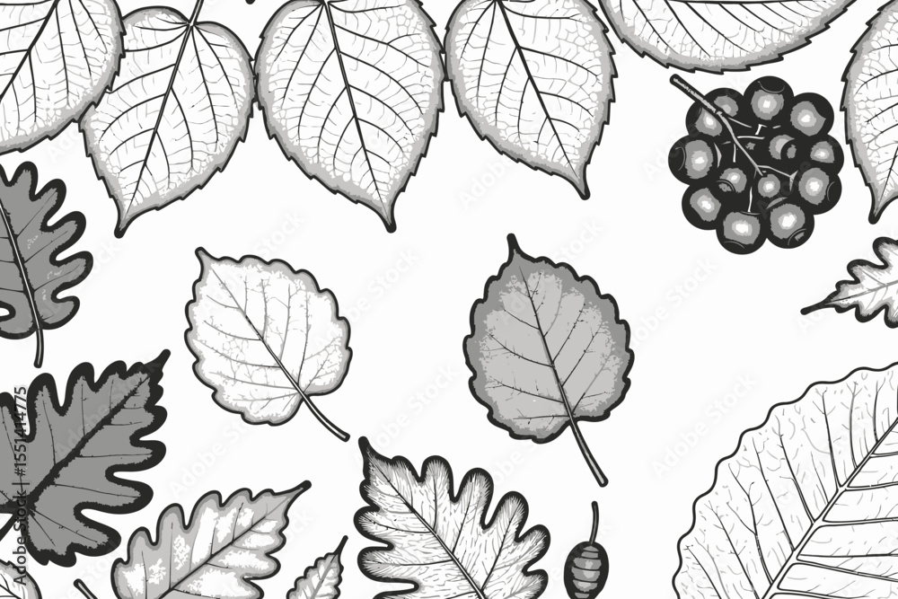 Obraz premium Autumnal Leaf & Berry Sketch - Detailed Botanical Illustration in Black and White - Nature Art with Intricate Leaf Veins