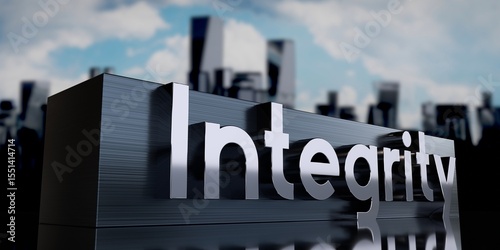 Integrity - metal cuboid and skyscrapers - 3D illustration