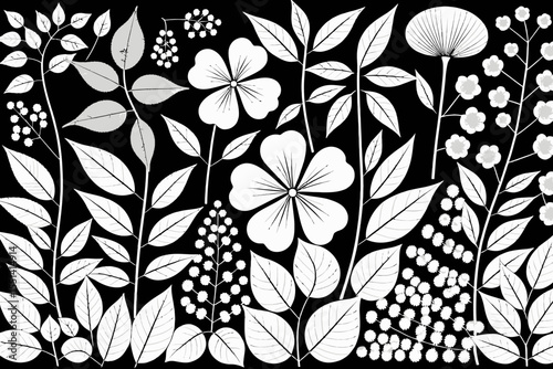 Black and White Floral Pattern- Botanical Illustration with Leaves and Flowers- Elegant Floral Design for Backgrounds- Modern Floral Art in Monochrome