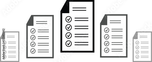 "Vector illustration of multiple checklist documents in different sizes with check marks, representing organization, productivity, and task management"