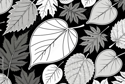 Botanical Black and White Leaves Illustration - Elegant Leaf Pattern Design - Nature Inspired Artwork for Decor- Monochrome Leaves Art