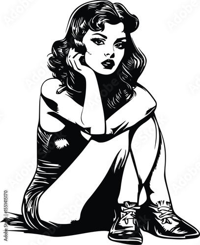 Silhouette of a pensive woman sitting, wearing a dress and shoes, editable vector illustration