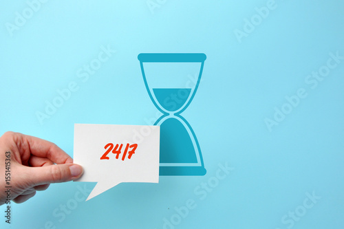 Inscription: 24/7, the concept of 24/7 assistance, services, and actions