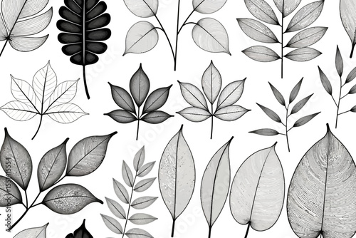 Botanical Line Art Illustration - Elegant Black and White Leaves Pattern - Nature Inspired Design for Backgrounds and Creative Projects-Leaf Artwork