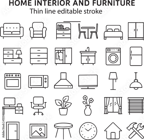 Home interior and furniture icon set. Thin line editable stroke icons for interior design, decoration, home styling, appliances, renovation, architecture