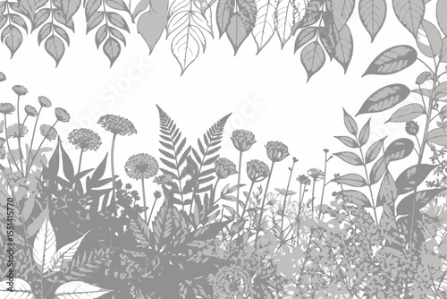 Botanical Sketch Artwork - Detailed Gray Scale Drawing of Leaves and Flowers - Intricate Nature Illustration for Coloring or Design Projects - Floral Frame Design