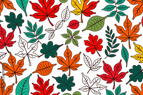 Colorful Autumn Leaves Pattern- Vibrant Fall Foliage Illustration- Seamless Background with Red-Orange-Yellow and Green Leaves for Seasonal Designs