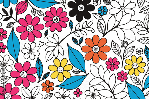 Colorful Floral Pattern Background - Fun and Vibrant Flower Design - Cheerful Botanical Illustration - White Background- Nature Inspired- Fresh Spring Theme