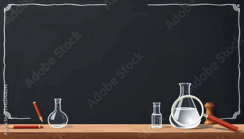 Science laboratory tabletop scene with glassware, pencils, and blackboard background for educational or research themes