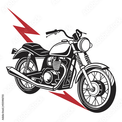 Classic Motorcycle Illustration with Red Lightning Bolt Design Element on White