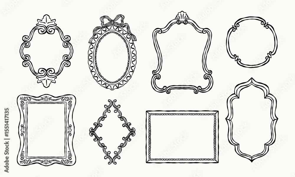 Elegant vintage frames in hand-drawn black line art. Includes baroque and rococo-inspired borders in oval, rectangular, and ornate shapes. Vector illustration for design and decoration.